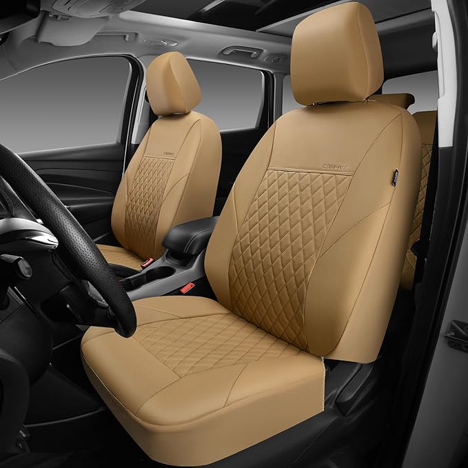 CAR PASS Faux Leather Seat Covers Full Set, Quilting Waterproof Premium Automotive Seat Cover with 5mm Composite Sponge Inside,Airbag Compatible, Universal for Most Cars Sedan SUV Truck, All Beige