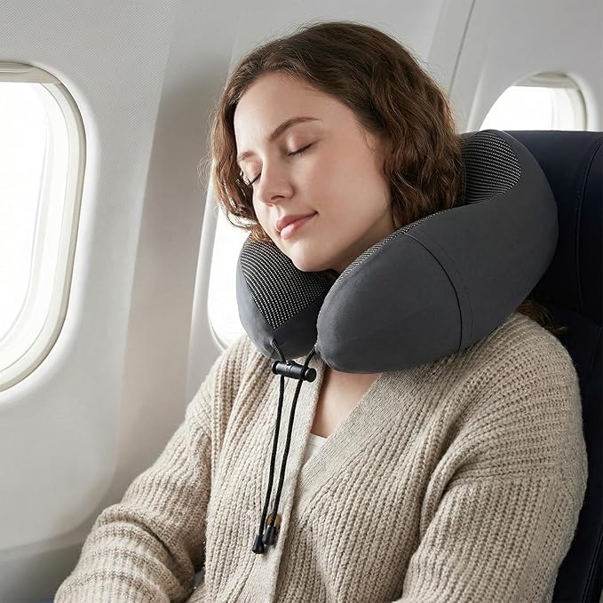 Travel Neck Pillow for Airplanes,100% Memory Foam Neck Support Pillow,Ergonomic U-Shaped 360° Neck Support,Portable with Storage Box,for Flight,Car,Train,Office & Home (Dark Gray)