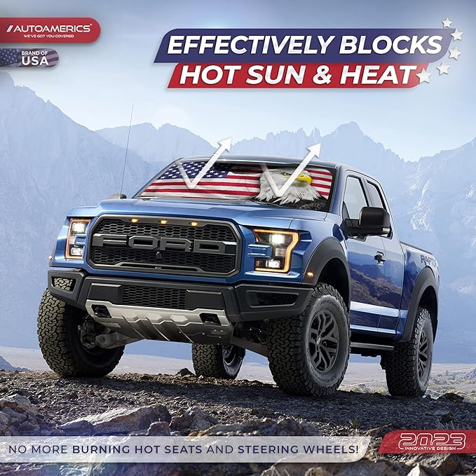 Autoamerics 1-Piece Windshield Sun Shade New American Eagle Flag USA Patriotic Design - Foldable Car Front Window Sunshade for Sedans SUV Truck - Blocks Max UV Rays and Keeps Your Vehicle Cool Medium