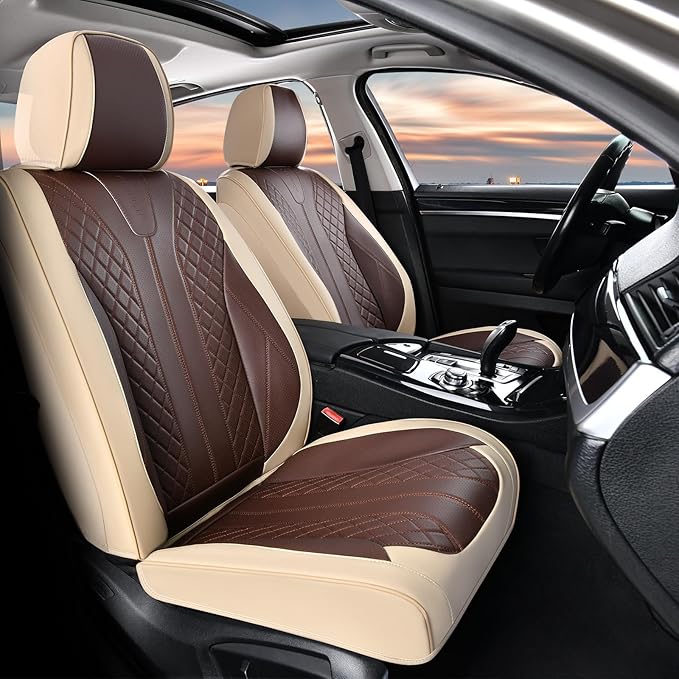 FLORICH Front Seat Covers 2 Pieces Universal Seat Cover for Cars Breathable Leather Waterproof Car Seat Cover Driver Seat Cover Automotive Car Seat Cushion Fit for Most Cars SUV Trucks, Beige&Coffee