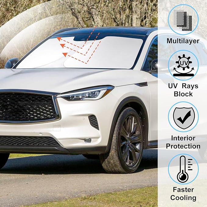 Windshield Sun Shade Custom Fit for 2019-2021 Infiniti QX50 & 2021-2025 2026 QX55 Accessories Foldable Sunshade Sun Blocker Protect Car from Sun Rays & Heat Damage Keep Car Cooler