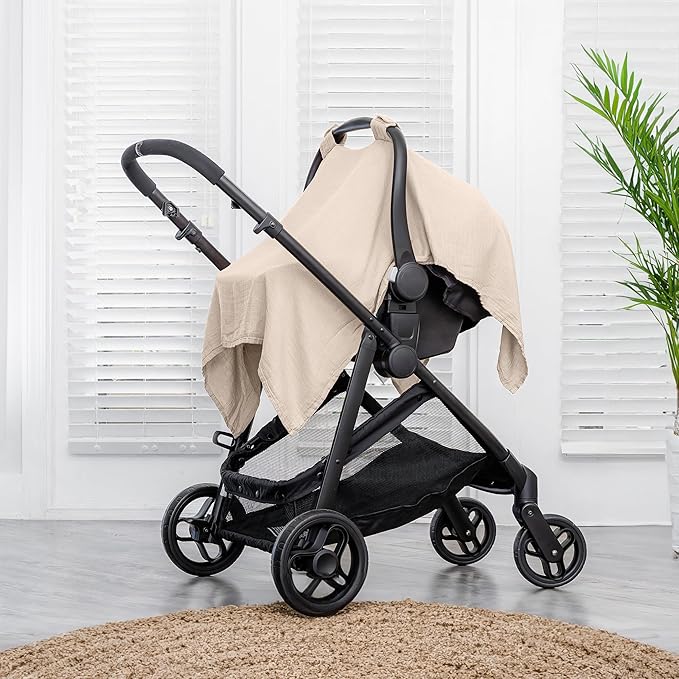 Comfy Cubs Baby Car Seat Cover - Soft, Breathable Bamboo Rayon and Muslin Cotton Blend - Lightweight Canopy for Sun, Bug, and Comfort Protection - Large Size Infant Seat Cover in Sand Design