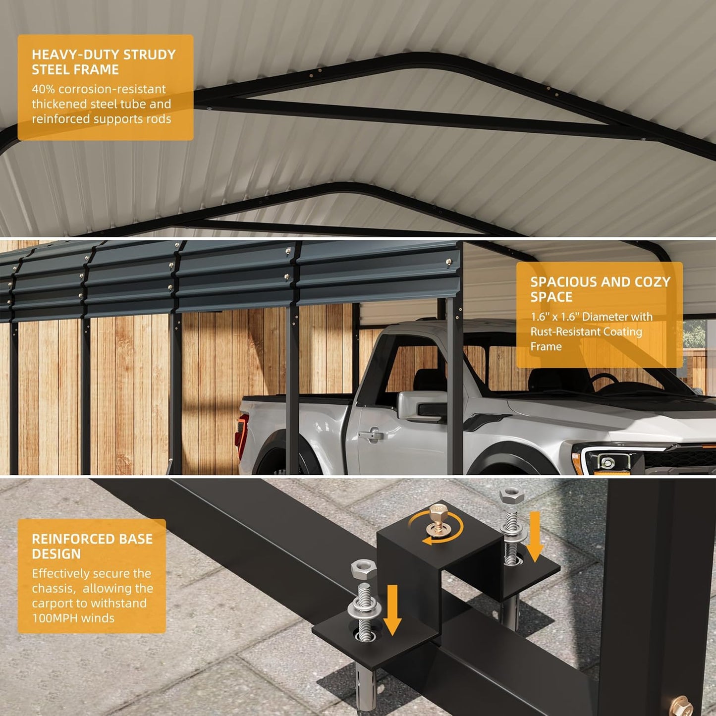 12 x 20 FT Metal Carport with Galvanized Steel Roof, Heavy Duty Metal Roof Carport with Enhanced Base, Tall Kits Garage for Tractors, Trucks, Boats, Cars