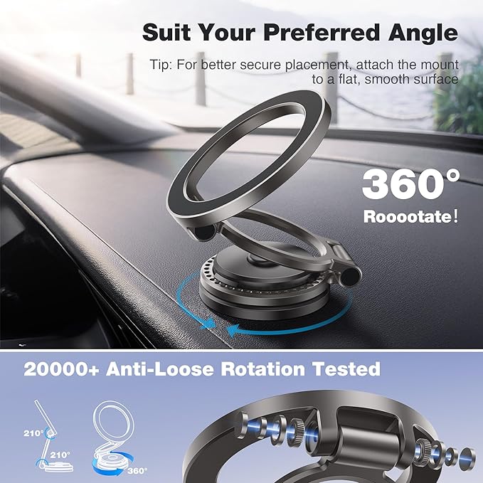 GolbinBox Car Phone Holder for MagSafe [360°Rotation] Metal Design iPhone Car Mount,Folding Car Mount [Detachable Base] Strong Magnetic Phone Holder for Car Dash,for iPhone 17 16 15 14 Pro Max, Gray