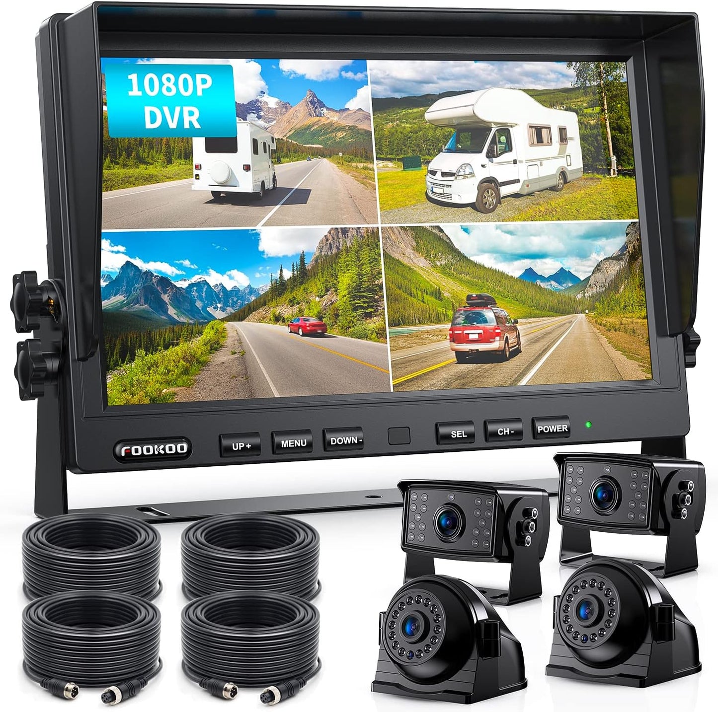 Fookoo Ⅱ 10" 1080P Wired Backup Camera System Kit,10" HD Quad Split Screen Monitor with Recording IP69 Waterproof Rear View Side View Camera Parking Lines for Truck/Semi-Trailer/Box Truck/RV(DY104)