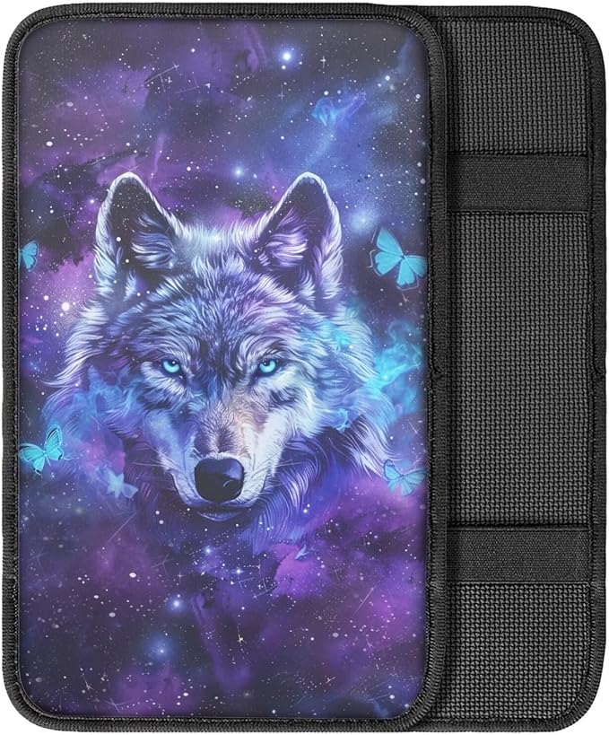 Dreaweet Car Armrest Cover Pad Soft Center Console Cover Galaxy Wolf Car Accessories for Men Boys,Universal Armrest Cover for Car Truck SUV Sedan
