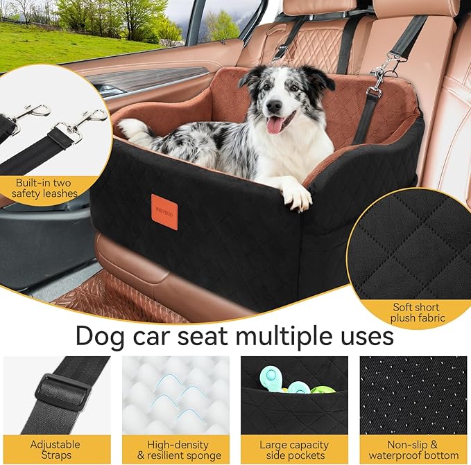 Dog Car Seat for Medium/Large Dogs, Memory Foam Pet Booster Seat for Under 55 lbs or 2 Small Dogs, Detachable Dog Car Bed for Backseat with 2 Safety Leashes and Pockets(Black/Brown, Large)