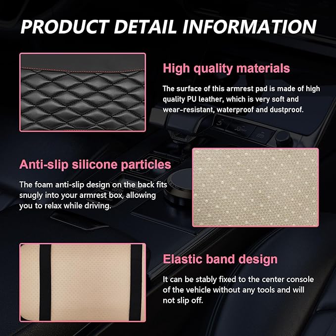 Car Center Console Cushion Pad, PU Leather Waterproof Auto Armrest Box Cover Protector, Comfortable Armrest Seat Box Cover Mat, Universal Car Accessories for SUV Truck (Black)
