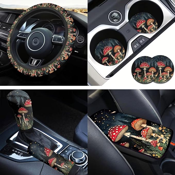 Forest Mushroom Print Car Elastic Steering Wheel Protector for Men Women Auto Interior Accessories Armrest Cover Handbrake Coer Fit for Trucks Vans Suvs