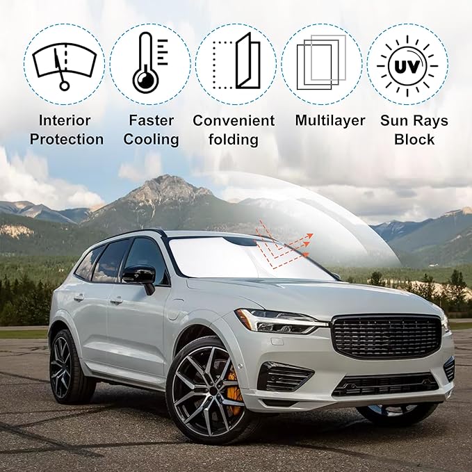 Windshield Sun Shade Custom Fit for 2018-2023 2024 2025 2026 Volvo XC60 Accessories Foldable Sunshade Sun Blocker Protect Car from Sun Rays & Heat Damage Keep Car Cooler