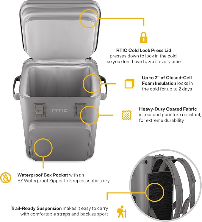 RTIC 24 Can Ultra-Tough Backpack Cooler, Insulated, Waterproof, Leak Proof, Portable Floating Bag for Beverage, Drink, Lunch, Outdoor, Beach, Car, Camping, Picnic, Fishing, Boat