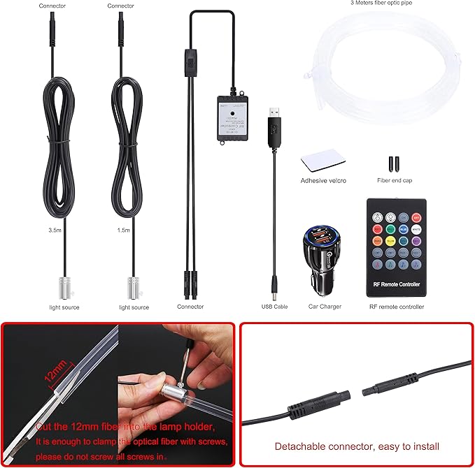 USB car Ambient Lighting Optic Fiber 8 Colors Music Sound Active with RF Remote Control Car Decorative Atmosphere Lighting Kit DC 12V 1W 3m with QC 3.0 Car Charger