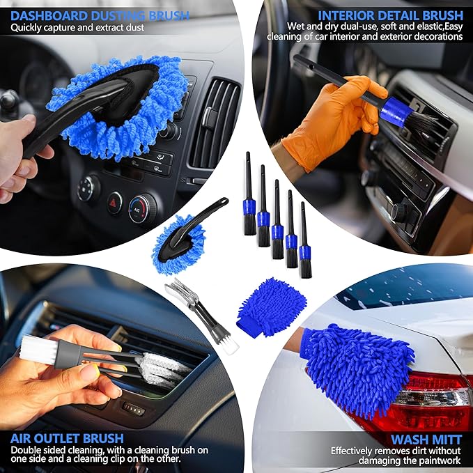 32Pcs Car Detailing Kit, Drill Brush Attachments with Detailing Brush Set and Tools Box, Blue Auto Cleaning Kit Interior for Dashboard, Wheels, Windows (C：32PCS-B)