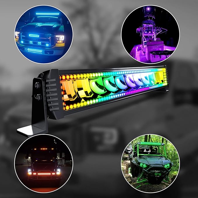 22" RGB LED Light Bar 2Pcs 4" Flood LED Pods with Multi-Color Chasing RGB Halo 16 Solid Colors Over 92 Flashing Modes Offroad Lights Driving Lamp Fog Lights with Switch Wiring Harness