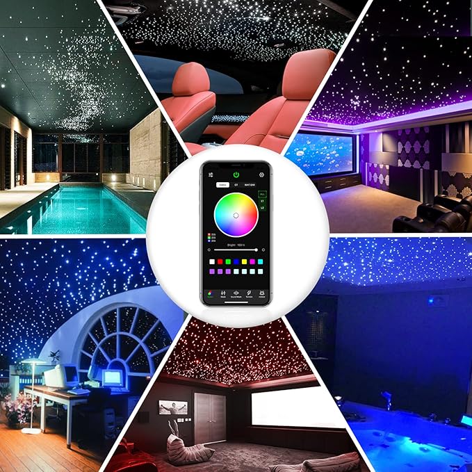 16W Twinkle Starlight Headliner Kit, 500pcs of (0.03+0.04+0.06in)*9.8ft Fiber Optic Strands Bluetooth APP/Remote/Music Control, RGBW Star Ceiling Light Kit+Adapter+Car Use Plug for Car