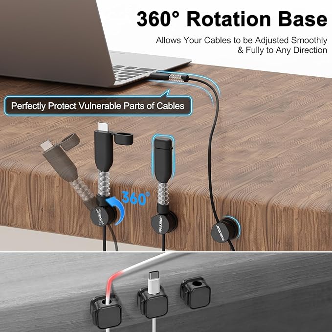 6 Desktop Cord Organizer Magnetic Spring Cable Clips Rotatable Cord Holder 2 Charging Cord Protecors for Nightstand Phone Charger Organizer Computer Desk Cable Management Appliance Adhesive Wire Strap