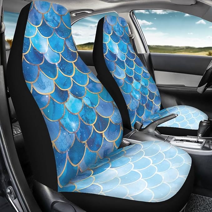 Gradient Blue Mermaid Scale Print Universal Car Seat Covers Front Seats Only for Women,Fit for Most Cars