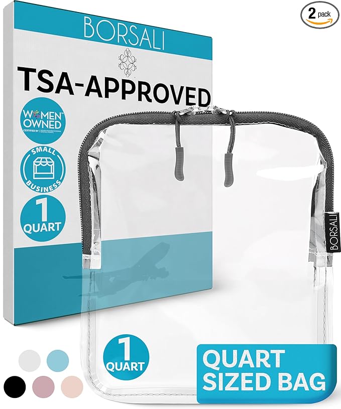 BORSALI TSA Approved Toiletry Bag - Clear Quart Size for 3-1-1 LIquids for Carry On Travel - Toiletries Organizer - Cosmetic Pouch with Zipper - Travel Accessories - Gray