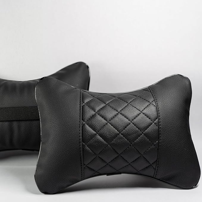 Set of 2 Quilted Faux Leather Car Headrest Pillow, Black Case/Black Threading, Ergonomic Neck Support for Comfortable Driving