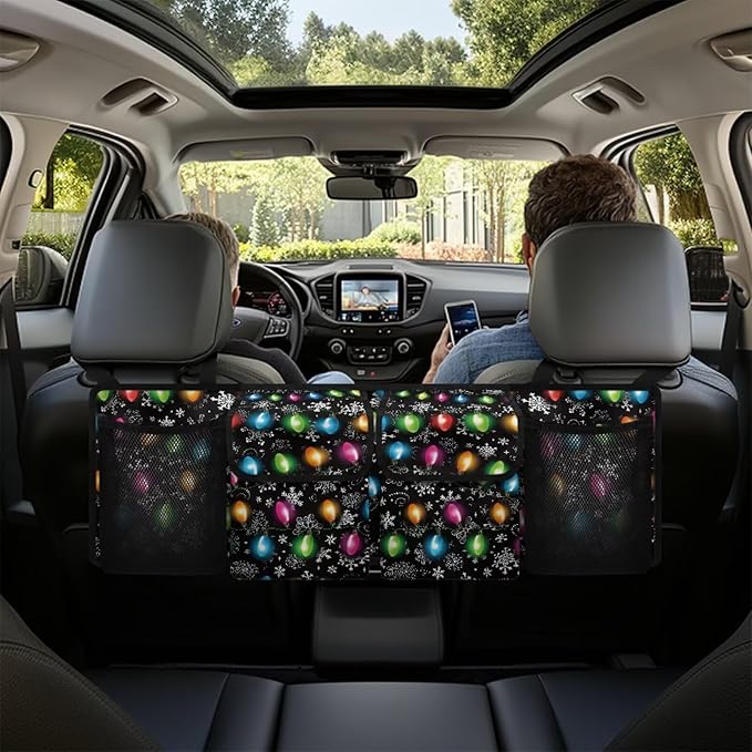 Christmas Light Car Trunk Organizer with 4 Pockets, Hanging Car Backseat Storage Bag with 3 Adjustable Straps, Car Interior Accessories for SUV, Truck,Van