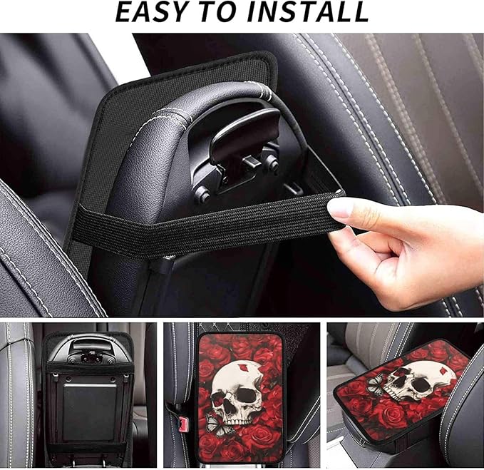 Universal Car Center Console Cushion Pad, Red Rose Skull Butterfly Soft Waterproof Car Center Console Cover Auto Armrest Seat Box Cover Protector for Most Vehicle SUV Truck Car