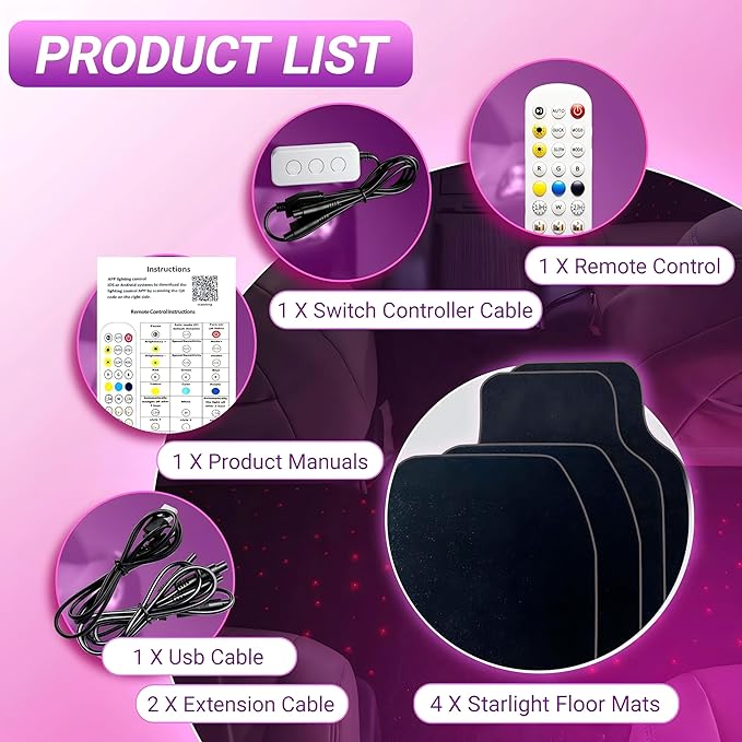 Starlinkmats LED Car Floor Mats - Black Automotive Carpet with App Control, Waterproof & Washable, Creates a Romantic Atmosphere for Dates