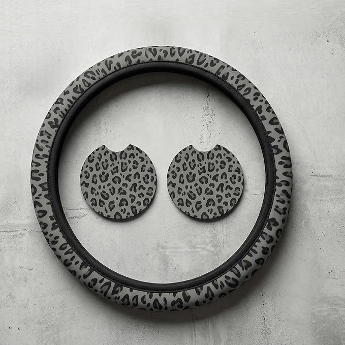 Black Leopard Print Steering Wheel Covern Cheetah Animal Print Steering Wheel Cover Anti-Slip Breathable Universal for Car Steering Wheel Cover for Men Women,with 2 Pieces Car Coasters