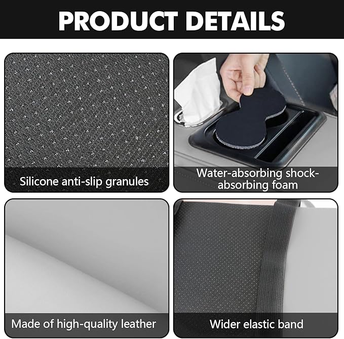 wuyaoyao Car Center Console Cover, 13.39"×8.27"×3.15" Leather Car Armrest Cover with Pocket & Tissue Box & Cup Holder, Multifunctional Auto Armrest Cushion Pad, Universal Car Accessories (Gray)