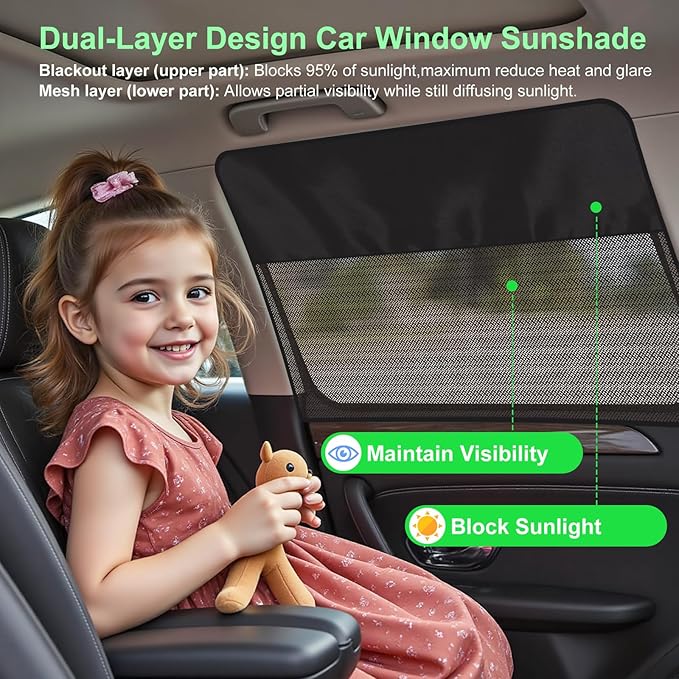 Rear Window Sun Shade, 2 PCS Magnetic Double Layer Car Side Window Sun Shades for Baby, Half Blackout & Half See-Through Back Window Covers for Sun & Privacy Protection,Car Window Accessories