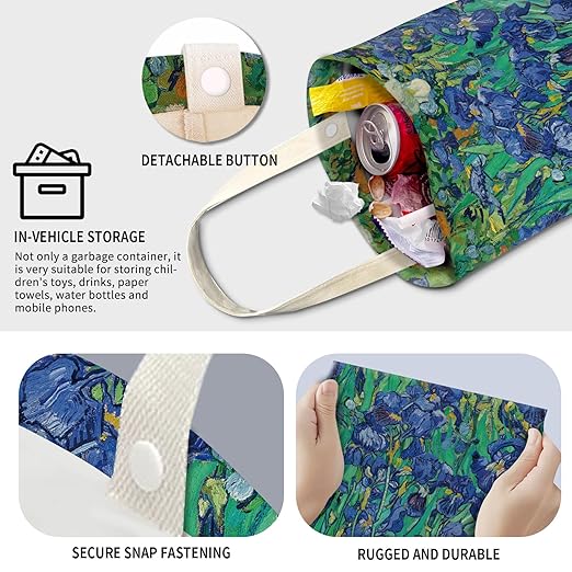 Cute Car Trash Can, Hanging Canvas Car Back Seat Organizer and Storage Bag, Funny Car Trash Bag For Travelling, Outdoor Abstract Green Blue Flower