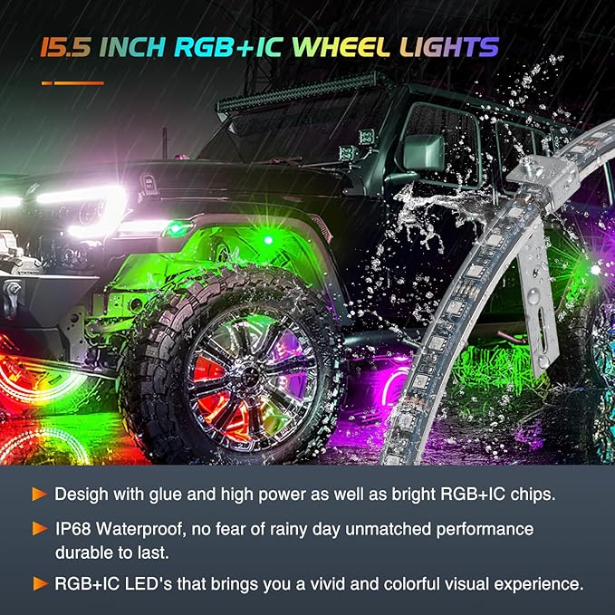 Nilight 4PCS 15.5inch Wheel Ring Lights Deram Color with APP and Remote Control Neon Lights Million Colors w/Turn Signal and Braking Function for Car Van SUV Truck