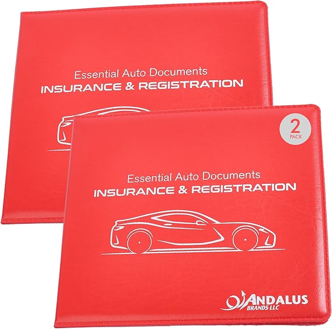 Andalus Auto Registration & Insurance Card Holder Pack of 2, Waterproof Essential Car Registration Holder with Hook & Loop Closure, Perfect for Every Vehicles Glove Boxes (Red - 5 1/8" x 4 5/8")