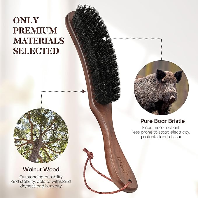 BFWood Clothes Brush, Boar Bristle Lint Brush for Suits, Cashmere, Wool, Velvet, Suede and Pet Hair, Large Black Walnut Wood Handle