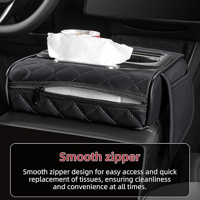5 in 1 Car Center Console Cover, Armrest Pad with 2 Storage Pockets, Cup Holder, Tissue Box Slot, Phone Holder, Universal Car Interior Organizer (Black)