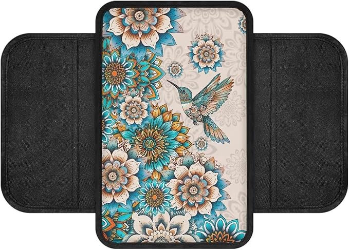 Hummingbird and Boho Mandala Print Car Armrest Cover Stretchy Car Armrest Cover Cushion Elastic Armrest Seat Box Cover Protector Center Console Armrest Cover Pad