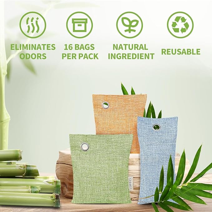CLEVAST 16 Pack Activated Bamboo Charcoal Odor Absorber - Air Purifying Bags(8x100g, 8x50g), Natural Fresh Deodorizer and Moisture Eliminator for Home, Closet, Car Air freshener