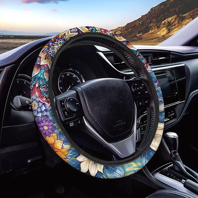 AFPANQZ Car Steering Wheel Covers for Womens Boho Flower Steering Wheel Cover Soft Anti-Slip Rubber Stretch-on Steering Wheel Protector Cover Sweat Auto Accessories Interior Decor