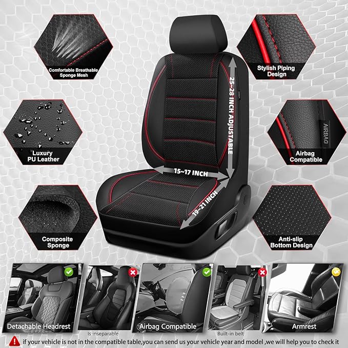 CAR PASS Mesh Leather Car Seat Covers Full Set,Breathable Mesh Faux Leather Seat Covers for Car, Universal Fit for SUV Truck Sedan Automotive, Airbag Compatible, Black and Red