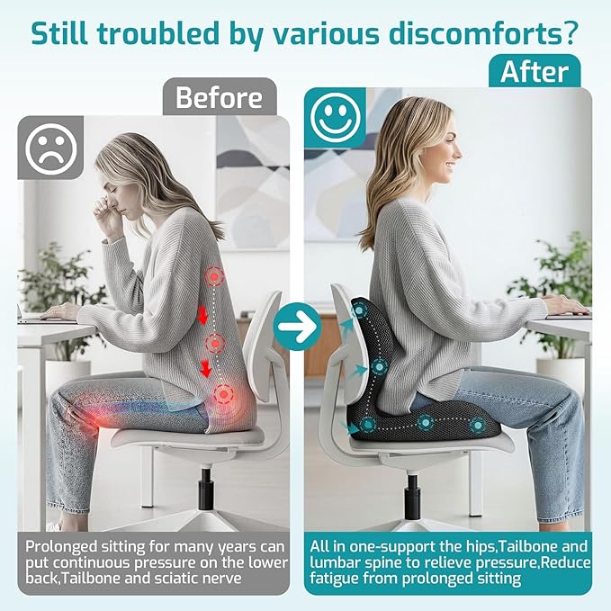 Ergonomic Seat Cushion,Office Chair Cushion with Lumbar Support Pillow,Car Orthopedic Seat Cushions,Designed for Sciatica,Tailbone,Back Pain Relief,for Office,Car,Truck,Home,Desk Chair