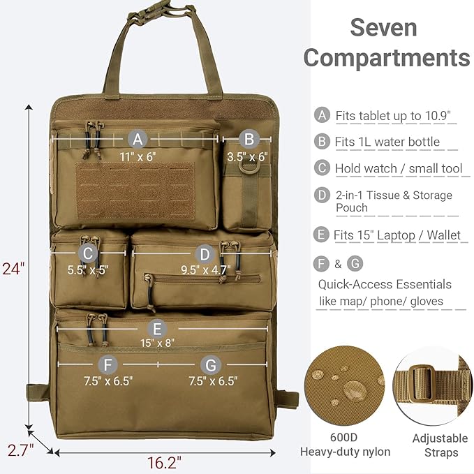 Tactical Seat Back Organizer Heavy Duty MOLLE Panel Organizer with Multiple Pockets & Hook Loop Panel for EDC Gear, Road Trip Essentials, Universal Fit for Car SUV Truck Jeep (Mud)