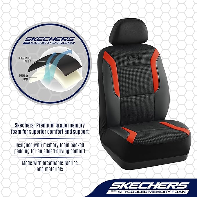 Skechers Memory Foam Car Seat Covers, Air Cool Mesh Thick Seat Covers, Car Seat Full Sets, Airbag Compatible, Automotive Comfort Protection for Most Cars,Vans,Trucks, SUVs,Orange