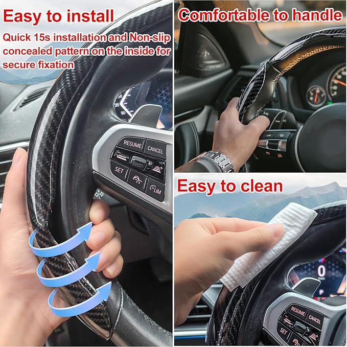 Steering Wheel Covers,3PCs Carbon Fiber Anti-Skid Clip on Car Steering Wheel Cover Protector, Universal 99% Car Wheel Cover Protector,Black