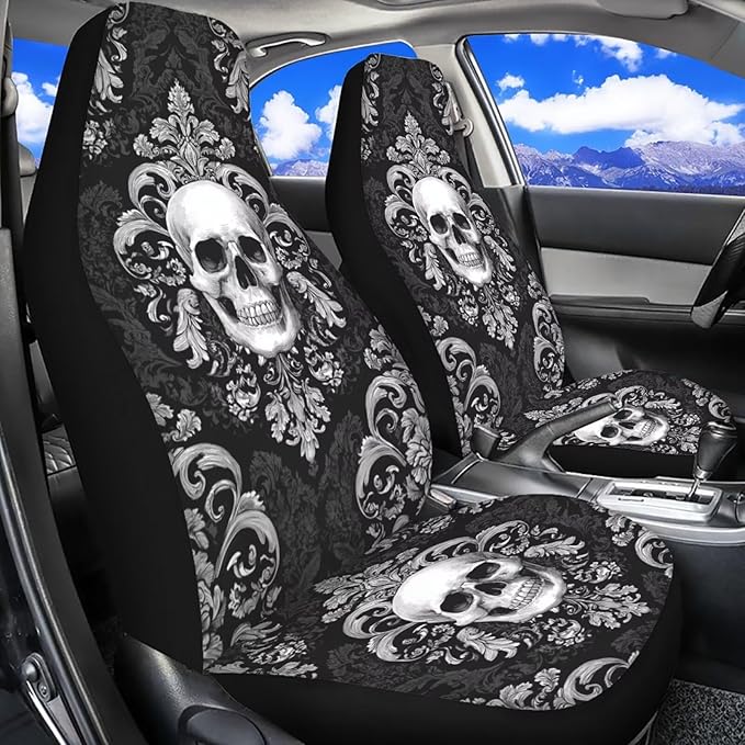 Skull Flower Car Seat Covers Front Seats Only Breathable Stretch Polyester Fabric Cover Easy to Install Car Accessories Universal Fit for Most Vehicle