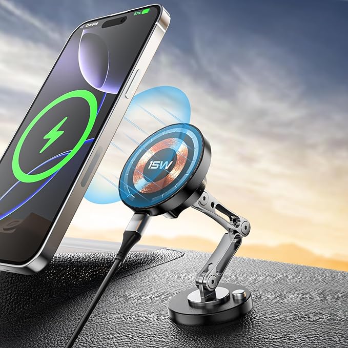 Magnetic Car Mount Charger Wireless, 15W Fast Charging 2 in 1 Magnetic Cell Phone Holder Stick on Dashboard Windshield, 360° Foldable Full Metal Car Accessories for iPhone16/15/14/13/12 Series