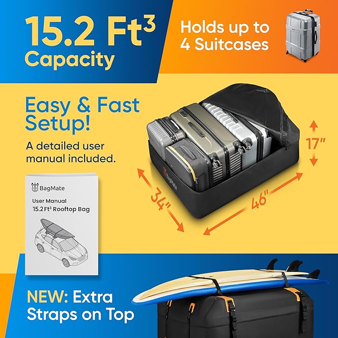 Waterproof Car Roof Bag - Car Rooftop Cargo Carrier Bag – 15 Cubic Ft Roof Rack Cargo Carrier, Includes Anti-Slip Mat, 4 Door Hooks, Reinforced Zipper/Buckle, with or Without Rack