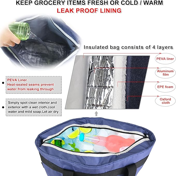 BeeGreen Cooler Bag Soft Insulated Tote for Beach Travel Grocery Shopping Lunch Portable Large Ice Coolers with Handle Hard Freezer Bags with Zippered Top Foldable Leakproof Delivery Totes Navy