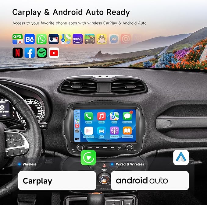 Dasaita 8GB+256GB Car Stereo for Jeep Renegade 2015-2022, Wireless CarPlay & Android Auto, Android 13 GPS Navigation, Plug & Play Off-Road Head Unit, Voice/Knobs Control, 9 Inch QLED Screen