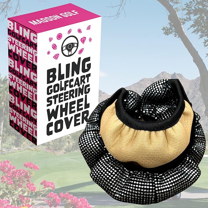 Universal Colorful Bling Crystal Diamond Rhinestones Golf Cart Steering Wheel Cover fits Club Car, Yahama, EZGO, Anti Slip Cover Easy to Install, Great Gifts for Golfer Women Womens (White Diamond)