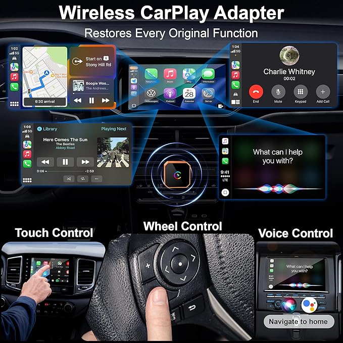 2026 Wireless CarPlay Adapter for iPhone & Android Wired to Wireless CarPlay & Android Auto Plug and Play Fast Auto Reconnect Stable Control Compatible for iOS 10+ & Android11+