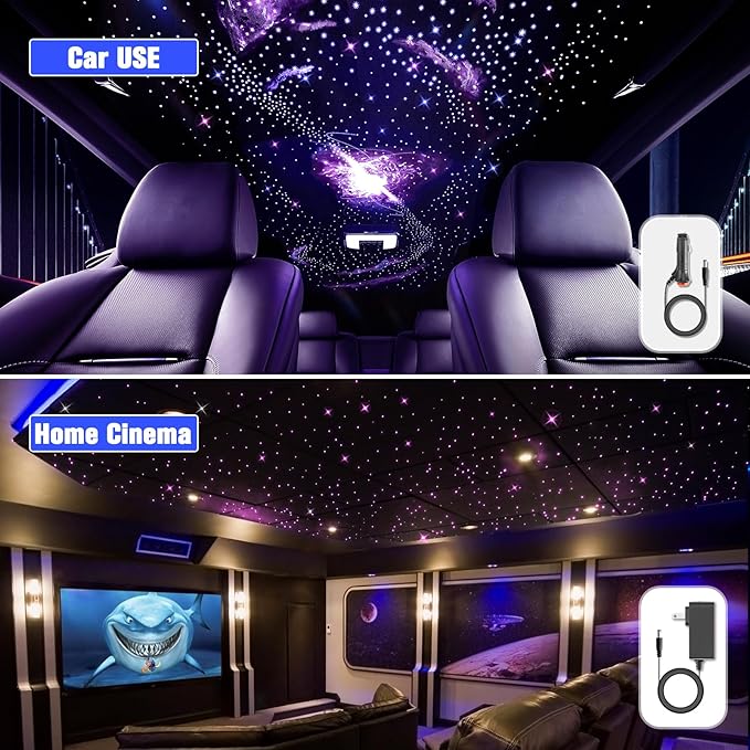 32W Twinkle Starlight Headliner Kit, 1000pcs of (0.03+0.04+0.06in)*13.1ft LED Fiber Optic Lights Kit, Star Ceiling Light+10 Crystals+Adapter+Car Use Plug for Car/Home with Music Mode